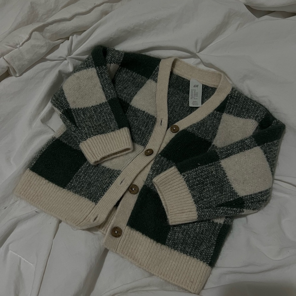 H&M Green and Cream Plaid Cardigan